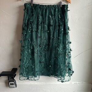 Dark Fairycore Forest Green Sheer Floral Applique Tulle Midi Skirt Ethereal Sz M